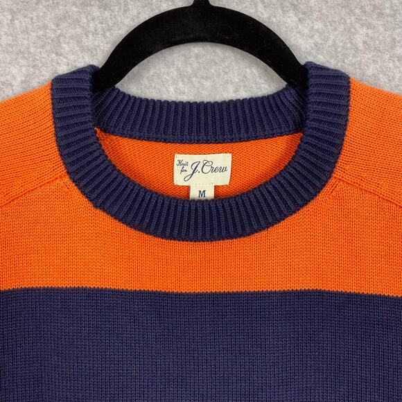 J. Crew Sweater Mens M Navy Blue Orange Striped Cotton Crewneck Pullover - Picture 2 of 6